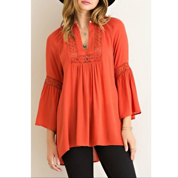 Entro Tops - Entro Burnt Orange/Rust Bell Sleeve Peasant Top M